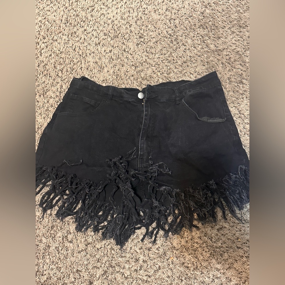 SHEIN Black Denim Skirt with Fringe